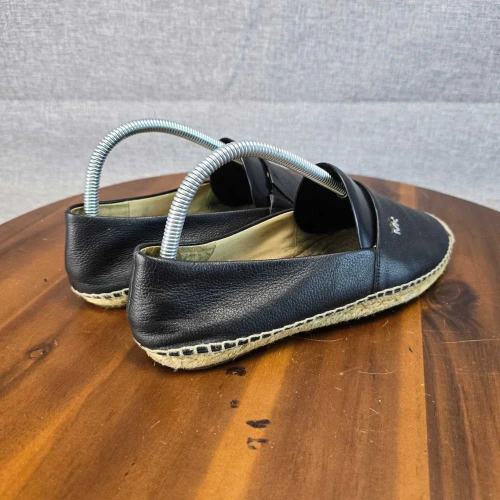 Michael Kors Black Leather Espadrille Flats MK Logo Slip On Shoes Womens 7M